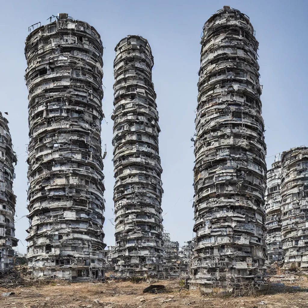 Prompt: a circular tower, made up of makeshift squatter shacks, dystopia, sony a 7 r 3, f 1 1, fully frontal view, ultra detailed, photographed by sugimoto hiroshi,