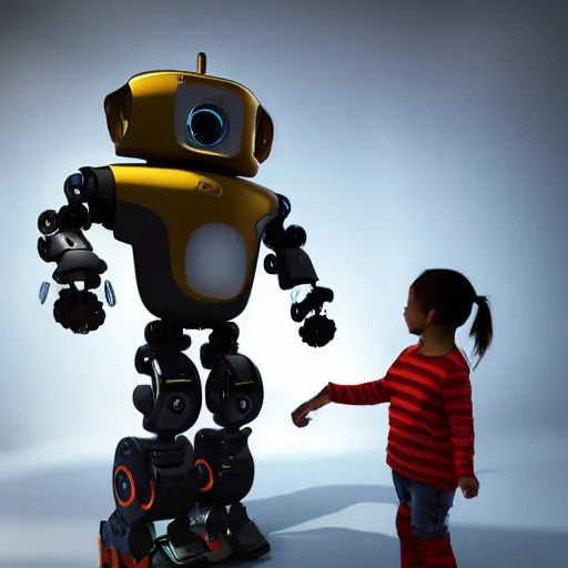 Prompt: fantastic realism comic book style photo of a robot gives a toy to a human child, concept art, unreal 5, render,