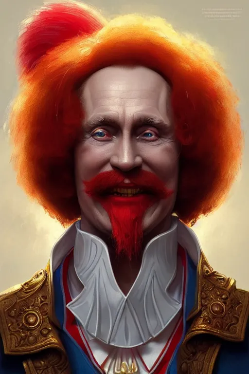 Image similar to vladimir putin as ronald mcdonald, closeup, d & d, fantasy, intricate, elegant, highly detailed, digital painting, artstation, concept art, matte, sharp focus, illustration, hearthstone, art by artgerm and greg rutkowski and alphonse mucha