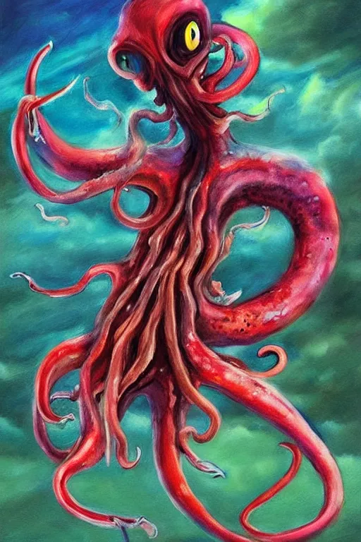 Prompt: realistic painting of a mutated squid beast in pokemon style