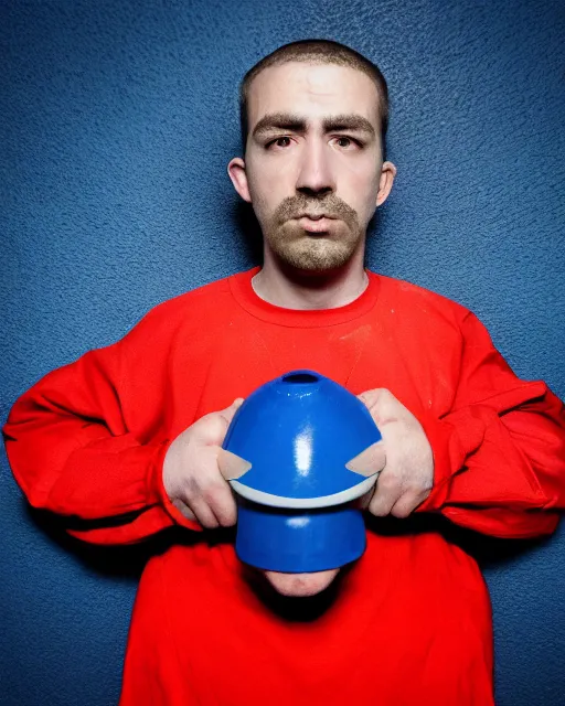 Image similar to prison mugshot of real - life mr. krabs, bright flash, red shell, blue shirt, blue jeans, low saturation, somber expression, protruding eyestalks, rugged textured face, soft vignette, soft focus, 5 0 mm, 4 k, nypd