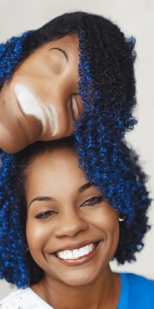 Prompt: black woman with blue hair smiling