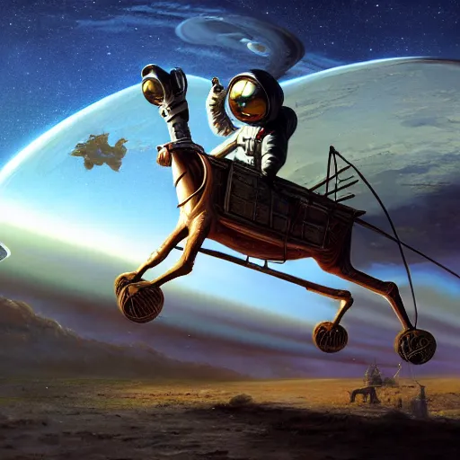 Image similar to аn anthropomorphic astronaut horse is being driven by a man on a cart, hyperrealism, no blur, 4 k resolution, ultra detailed, style of ron cobb, adolf hiremy - hirschl, syd mead, ismail inceoglu, rene margitte