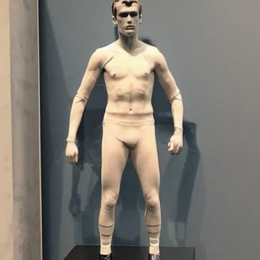 Image similar to “ a realistic detailed photo of a guy who is an attractive humanoid who is half robot and half humanoid, who is a male android, soccer player antoine griezmann, shiny skin, posing like a statue, blank stare, at the museum, on display ”