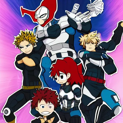 Prompt: the avengers in the style of my hero academia, character art.