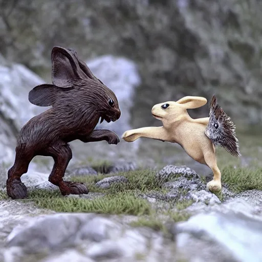 Image similar to intense battle between bipedal bunnies and humanoid eagles