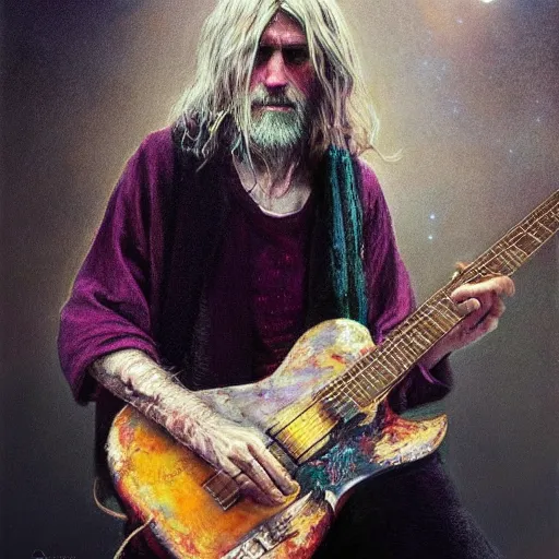 Image similar to UHD tonalism painting of an elderly, old Cosmic Kurt Cobain, by Antonio Caparo and Ferdinand Knab and Greg Rutkowski, UHD, photorealistic, trending on artstation, trending on deviantart