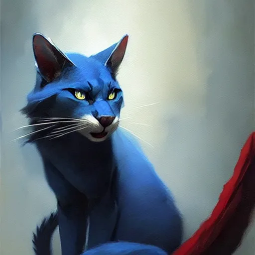 Prompt: blue cat with red sable in the mouth. painting by greg rutkowski