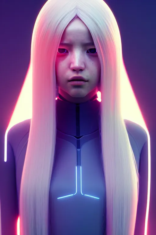 Prompt: upright and straight android women, scifi, futuristic design, bae suzy, long white hair, character design, cinematic lighting, highly detailed, by beeple, goro fujita, smooth gradient.