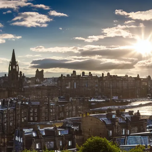 Image similar to Cityscape view of Edinburgh but underwater, sharp focus, sun rays through the water