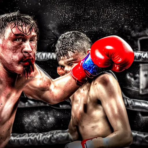 Prompt: the most powerfull punch in the world, aftermath, boxing, hdr