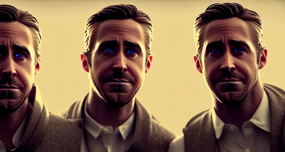 Image similar to ryan gosling and jake gyllenhaal posing dramatically together rendered in unreal engine 5, by wlop, greg rutkowski, and peter mohrbacher, octane render, ultra high detail, ultra realistic 3 d, extremely detailed shading, ray tracing, concept art, character design, trending on artstation, unreal engine 5, gritty atmosphere, glow, cinematic lighting, full of color