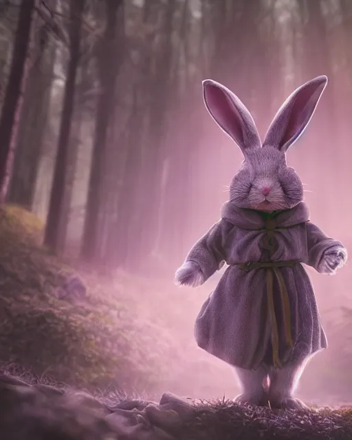 Prompt: photo of a mystic rabbit druid mage. photorealistic, ethereal, magical forest, magic hour, misty, bokeh, highly detailed