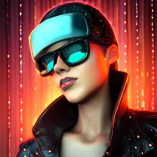 Image similar to stylish woman cartoon portrait made out of rain, leather jacket, cyberpunk background, rendered in octane, unreal engine, highly detailed, trending on artstation, realistic, neon, beautiful