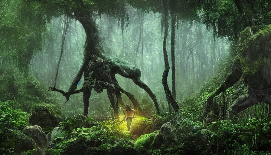 Prompt: concept art of an enormous statue of a headless goddess meditating at night, deep in the jungle, overgrown, covered in moss, ambient lighting, mist