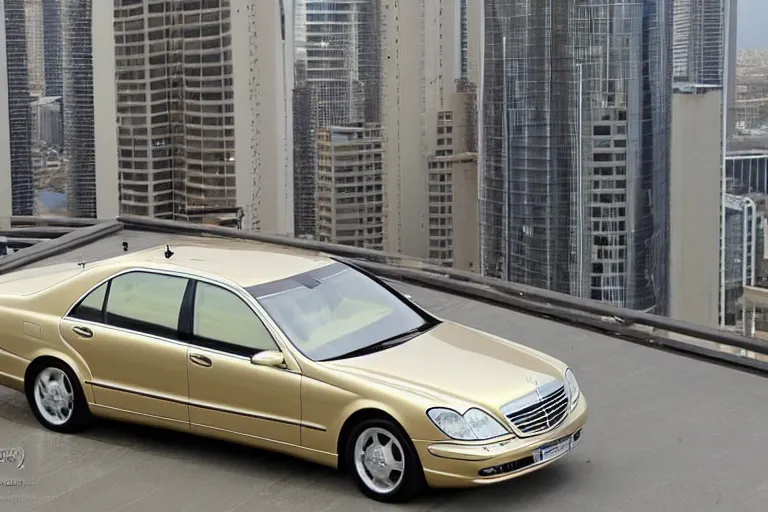 Image similar to gold Mercedes-Benz s500 long in the body 220 (w220) 2002 old year is on the roof of a high-rise building in abu dhabi