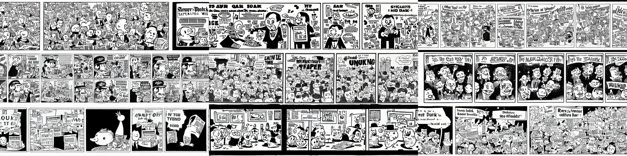 Prompt: scanned image of newspaper cartoon strip, in colour, half tone, rubber duck quacks, mcbess