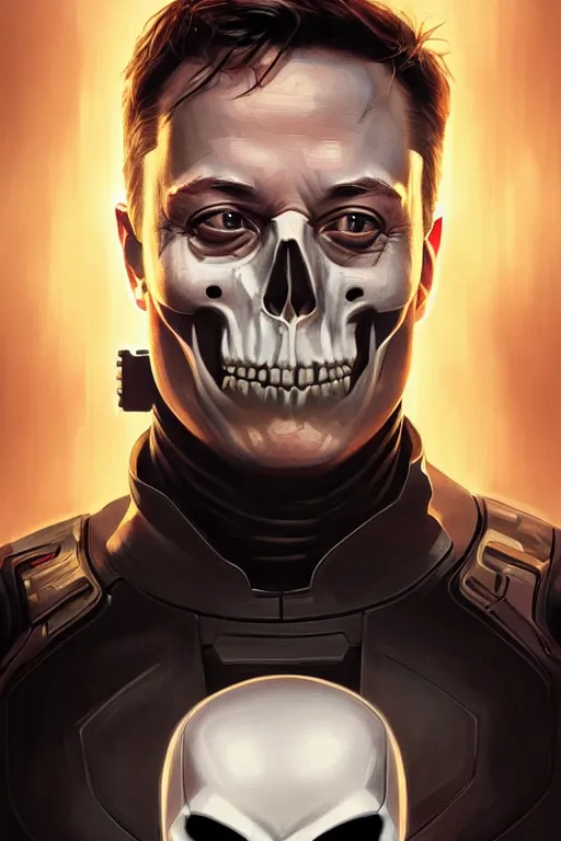 Image similar to elon musk as punisher, portrait, skull on the chest, highly detailed, digital painting, artstation, concept art, smooth, sharp focus, illustration, cinematic lighting, art by artgerm and greg rutkowski and alphonse mucha