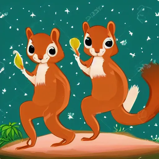 Image similar to cute furry squirrels dancing and cleaning moonlight and flowers