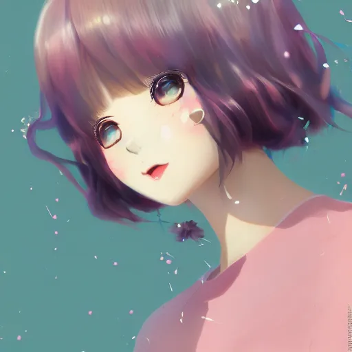 Image similar to happy anime girl, curly pastel hair, harajuku fashion, clear clean face, face by lya kushinov, Avetetsuya Studios, Alexandra Fomina artstation, by Makoto Shinkai, digital 2D, painterly style, cinematic matte Illustration, ufotable, VOFAN