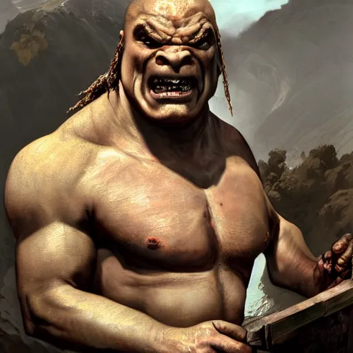 Image similar to upper body portrait of a heavily armoured hulking herculean chiseled mr bean rowan atkinson as a fantasy barbarian pirate orc ork, sunrays, cinematic lighting, photorealistic, octane render, 8 k, depth of field, 3 d, art by artgerm and greg rutkowski and alphonse mucha and uang guangjian and gil elvgren and sachin ten