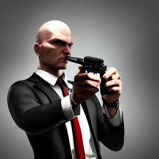 Image similar to a portrait of agent 4 7 from hitman wearing large headphones while pointing a silenced silver handgun, dark background, red rim light, smooth, sharp focus, art by irina french