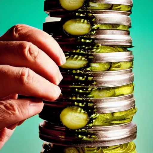 Image similar to an old man is stacking pickles his wife's head, making it look like a tower