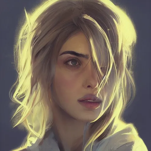 Image similar to Ana de Armas with a blond hair, profile picture by Greg Rutkowski, asymmetrical, Organic Painting , Matte Painting, geometric shapes, hard edges, street art, trending on the artstation:2 by Sachin Teng:4, blur: -4