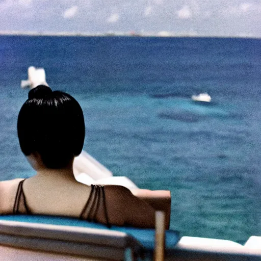 Image similar to asian woman with black ponytail sitting on a beach chair on a a cruise ship overlooking the bahamas, vintage 3 5 mm film photo grainy high detail