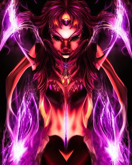 Image similar to pyromancer devil girl cover in purple death flames, deep pyro colors, purple laser lighting, award winning photograph, radiant flares, intricate, various refining methods, micro macro autofocus, evil realm magic painting vibes