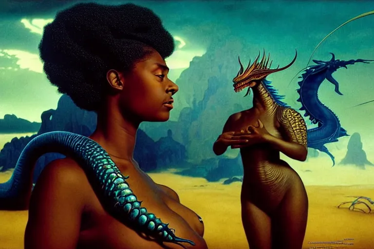 Prompt: realistic detailed photorealistic film portrait shot of a beautiful black woman with a dragon, sci-fi landscape background by Denis Villeneuve, Amano, Yves Tanguy, Alphonse Mucha, Ernst Haeckel, Andrei Tarkovsky, Edward Robert Hughes, Roger Dean, rich moody colours, wide angle, blue eyes