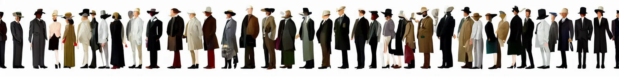 Prompt: long line-up of suspects, full body view, retrofuturistic victorian fashion, white background