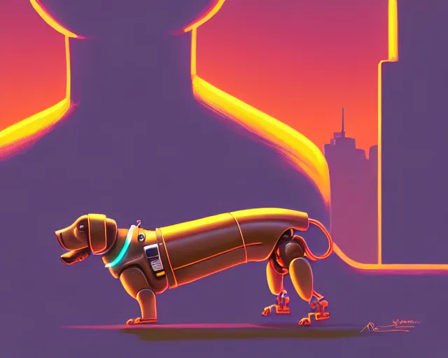 Image similar to robot shaped like a dachshund, hyper - realistic, gta v cover art, celshading, sharp focus, intricate, detailed, rhads, andreas rocha, makoto shinkai, lois van baarle, ilya kuvshinov, greg rutkowski, dynamic lighting, grunge aesthetic, 4 k