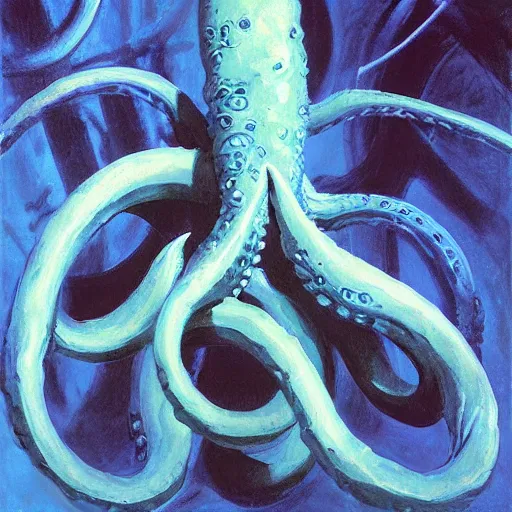 Image similar to Underwater Tentacle Pandomonium;Art by Greg Manchess, Art Direction by Jeremy Jarvis; painting spiraling inward; Deep sea horror; teeth and eyes; illustration; balanced negative space; perfect composition;