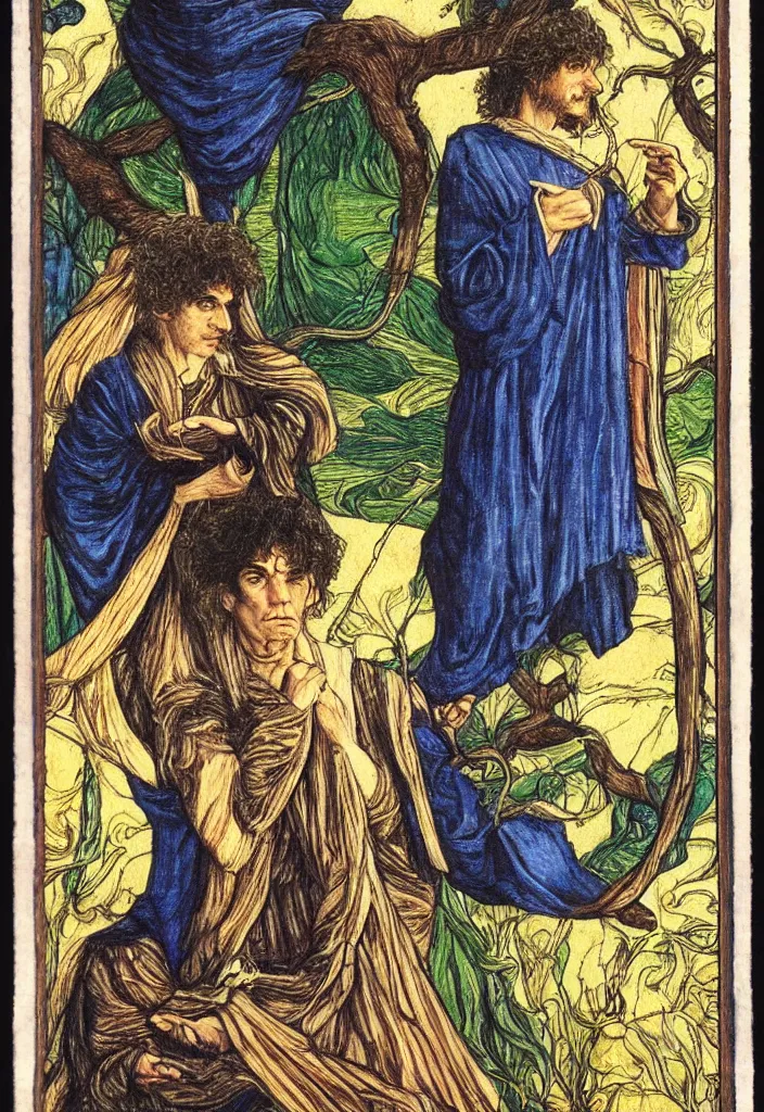 Image similar to Yoshua Bengio as the Magician on the Tarot card. Illustration by preraphaelists.