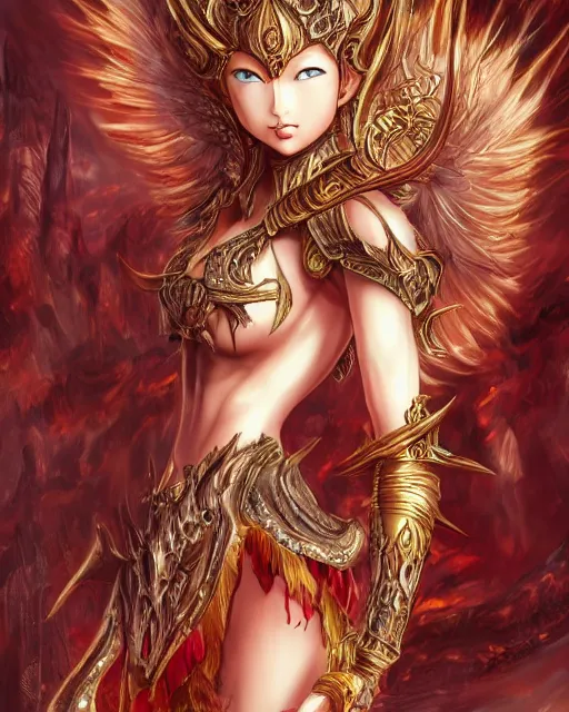 Image similar to A beautiful female demon posing on a chair, beautiful face, highly detailed face, close-up, fantasy art, female art, in the style of masami kurumada, illustration, epic, fantasy, intricate, hyper detailed, artstation, concept art, smooth, sharp focus, ray tracing