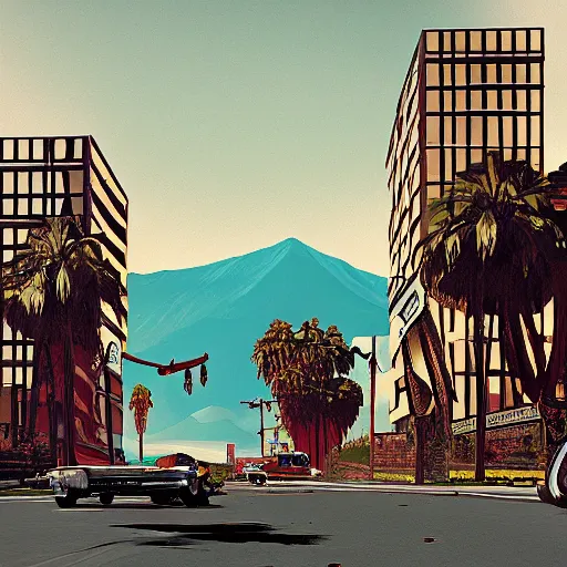 Prompt: grand theft auto ( gta ) landscape in the style of dali, trending on artstation