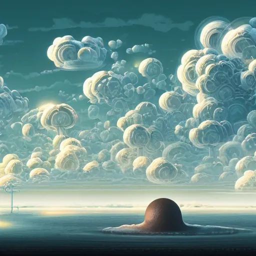 Image similar to highly detailed illustration of a giant nuclear explosions exposure mushroom clouds, abstract minimalist white sculpture in the middle by makoto shinkai, by moebius, by oliver vernon, by joseph moncada, by damon soule, by manabu ikeda, by kyle hotz, by dan mumford, by otomo, 4 k resolution