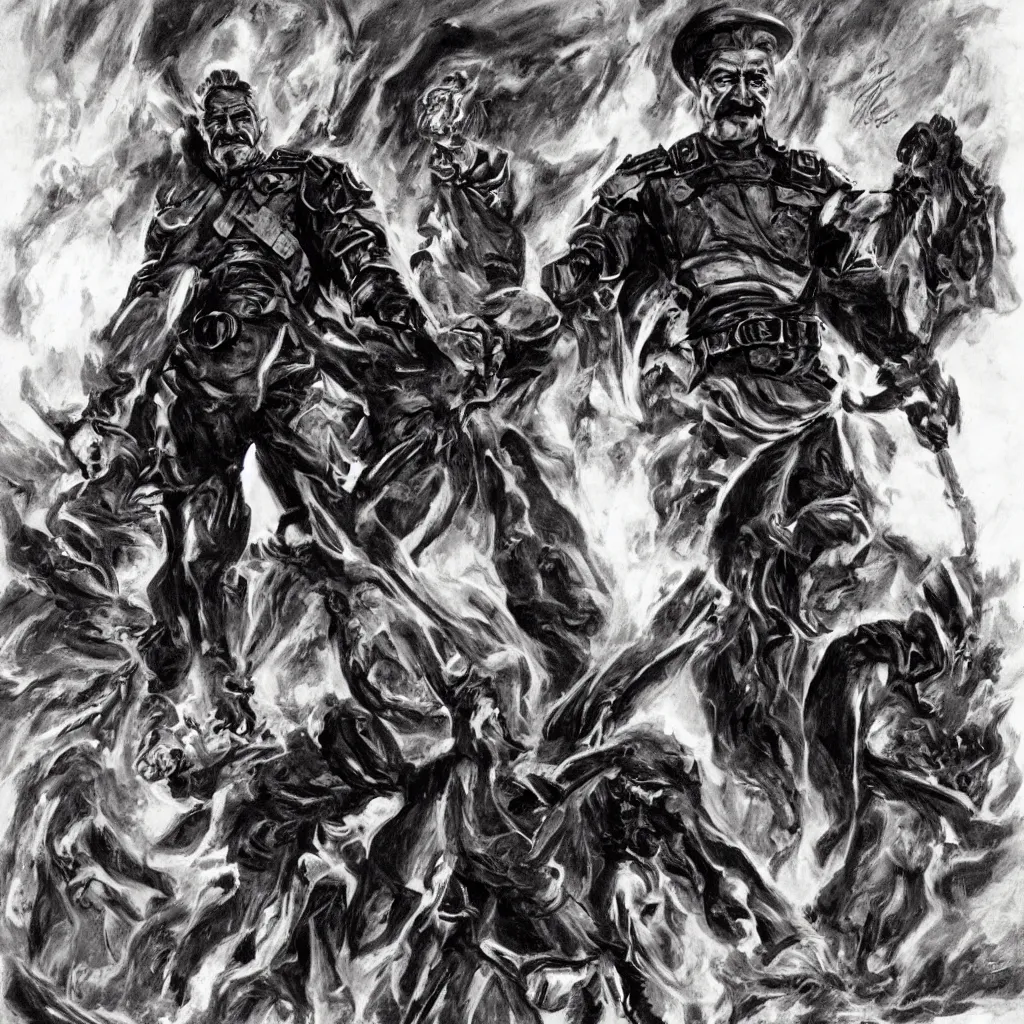 Prompt: joseph stalin as a doom eternal boss, concept art