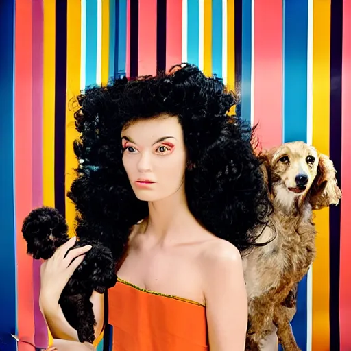 Image similar to a studio portrait of a beautiful fashion model that is curling her hair and hir dogs in the curls. surreal photograph, lo - fi, polished look, silly and serious, hermes ad, fashion photography, toiletpaper magazine, 3 5 mm photograph, colourful, by pierpaolo ferrari, maurizio cattelan