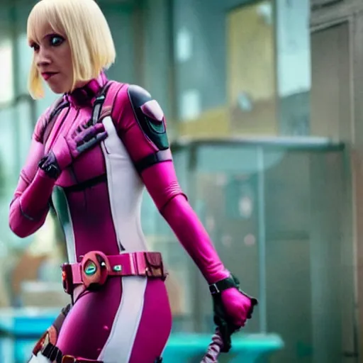 Image similar to A still of Gwenpool in Deadpool 3 (2023), no mask, blonde hair with pink highlights