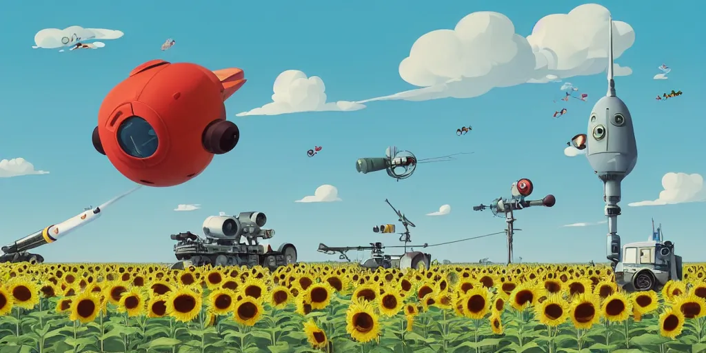 Prompt: cute cartoon multiple rockets missile system on the sunflower field by goro fujita and simon stalenhag and wes anderson and alex andreev and chiho aoshima and beeple and banksy and kandinsky and magritte and basquiat and picasso, 8 k, trending on artstation, hyper detailed, cinematic