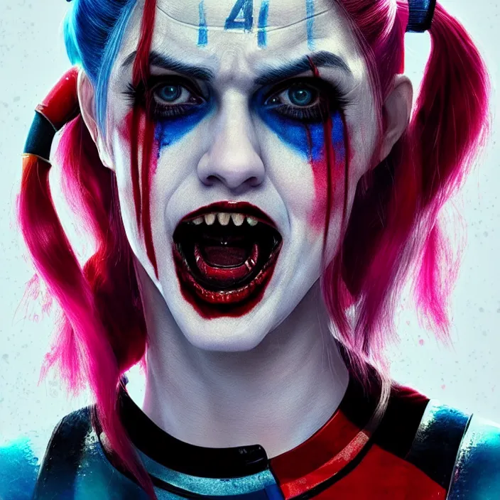 Image similar to portrait of alexandra daddario as a harley quinn in suicide squad. intricate abstract. intricate artwork. by tooth wu, wlop, beeple, dan mumford. octane render, trending on artstation, greg rutkowski very coherent symmetrical artwork. cinematic, hyper realism, high detail, octane render, 8 k, iridescent accents