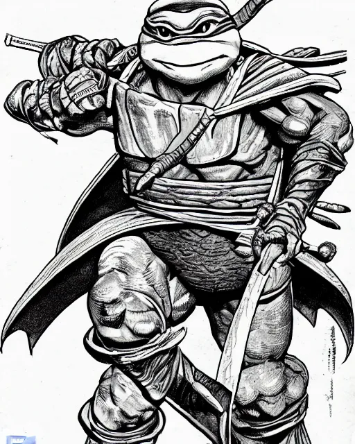 Image similar to Raphael the Ninja Turtle from the Dungeons and Dragons Monster Manual, line art illustration, 1981, high detail