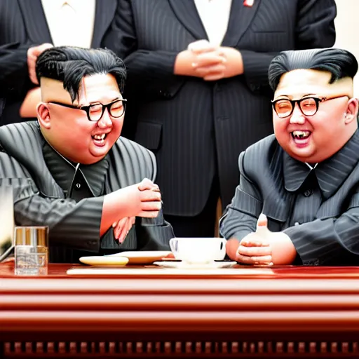 Prompt: photorealistic image of a meeting between kim jong un anf paul pot