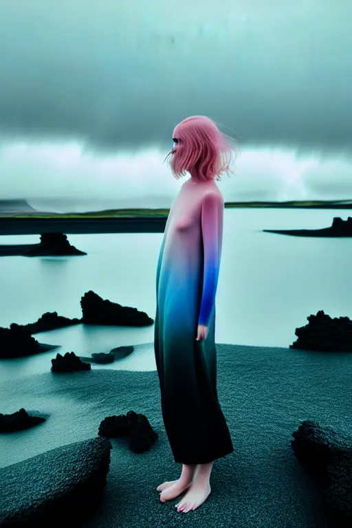 Image similar to high quality pastel coloured film close up wide angle photograph of a model wearing clothing swimming on cloud furniture in a icelandic black rock!! environment in a partially haze filled dreamstate world. three point light, rainbow. photographic production. art directed. pastel colours. volumetric clouds. pastel gradient overlay. waves glitch artefacts. extreme facial clarity. 8 k. filmic.