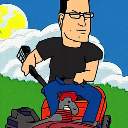 Prompt: Hank hill from “King of the Hill” wearing a full suit of medieval armor, riding a lawnmower on the moon, photo