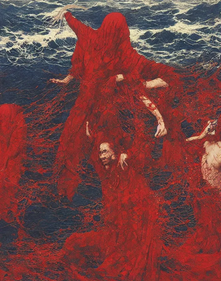 Image similar to worshippers in red robes wading through waves, high detailed beksinski painting, part by adrian ghenie and gerhard richter. art by takato yamamoto. masterpiece, deep colours, blue