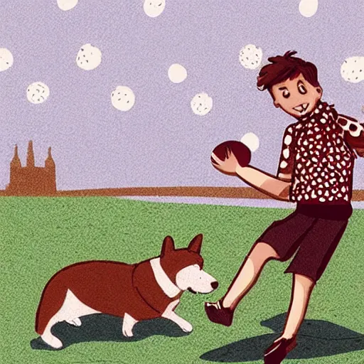 Image similar to illustration of french boy in paris playing football against a corgi, the corgi is wearing a polka dot scarf