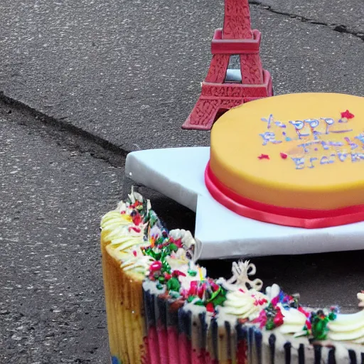 Image similar to a cake on a sidewalk in front of the eiffel tower